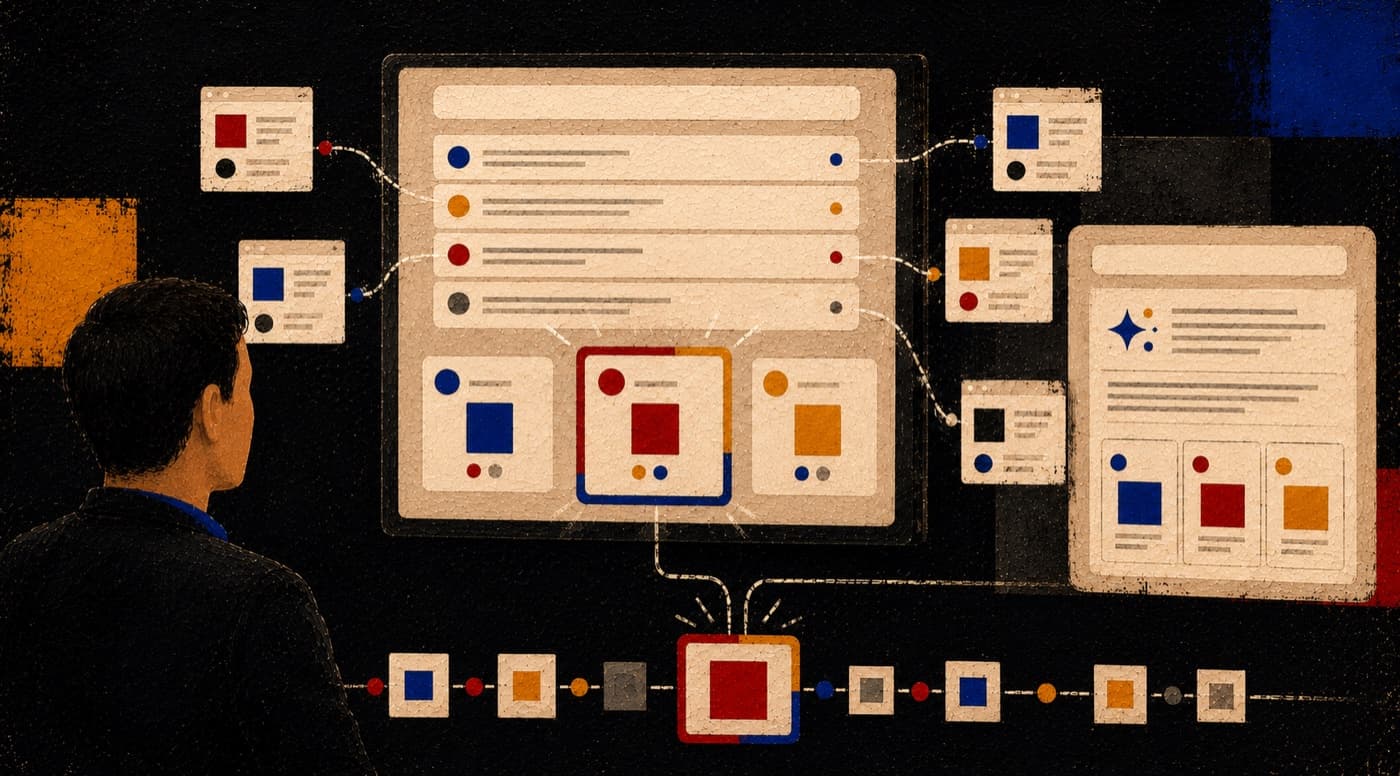 A person looking at an AI answer on screen, with the sources it drew on branching out around it