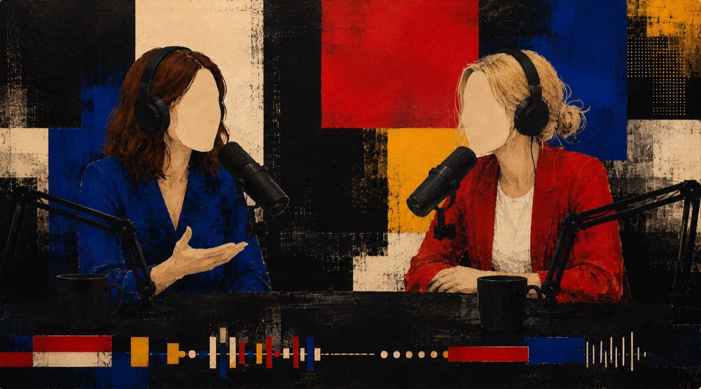 Two people in conversation across studio microphones, headphones on, a waveform running beneath them
