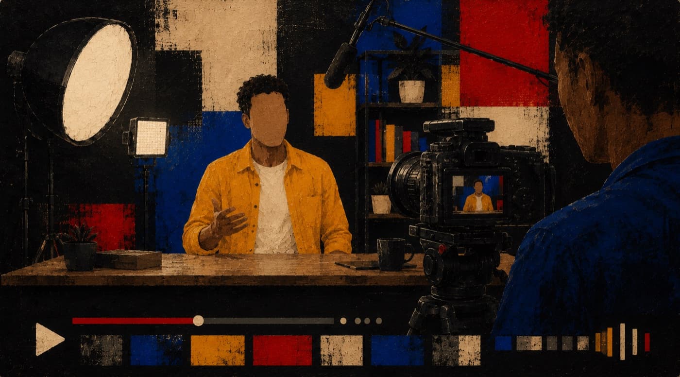 A guest being interviewed in a video studio, framed by a camera and a softbox light
