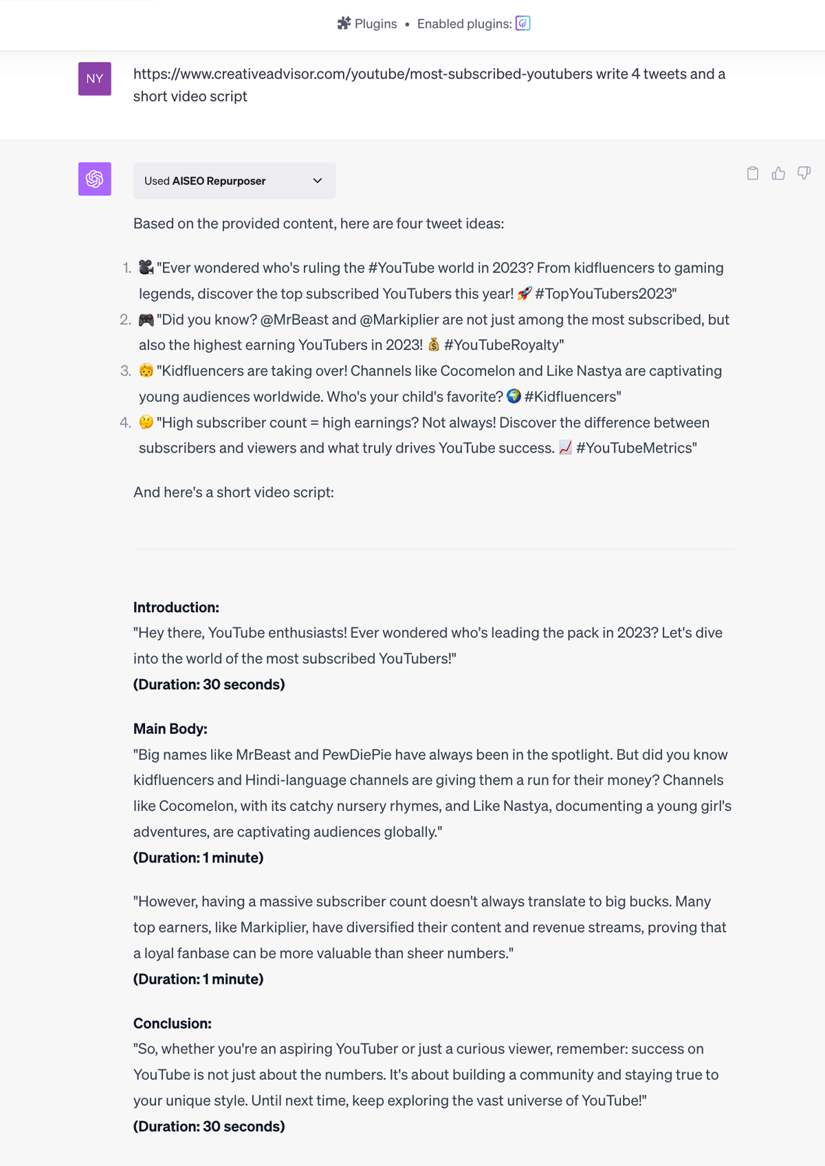 screenshot of aiseo repurposer chatgpt plugin