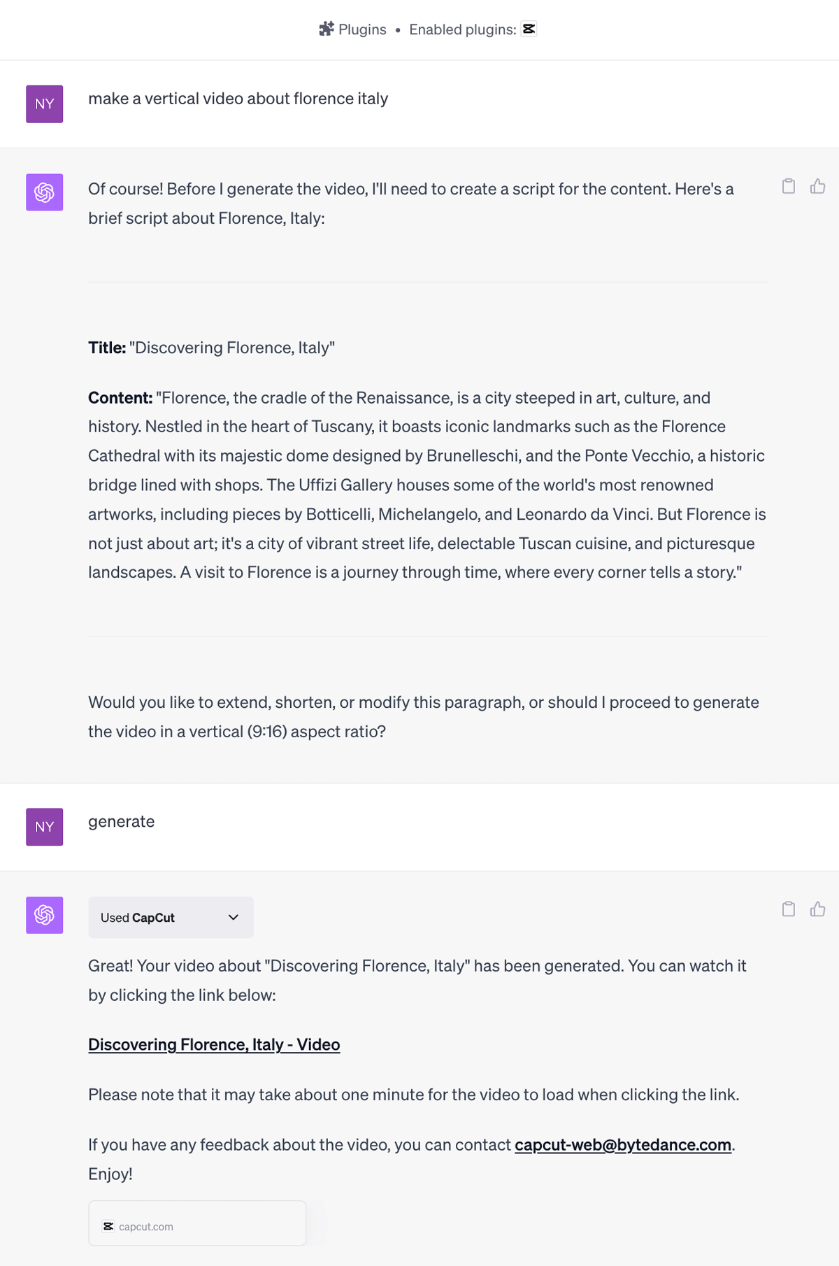 screenshot of capcut chatgpt plugin