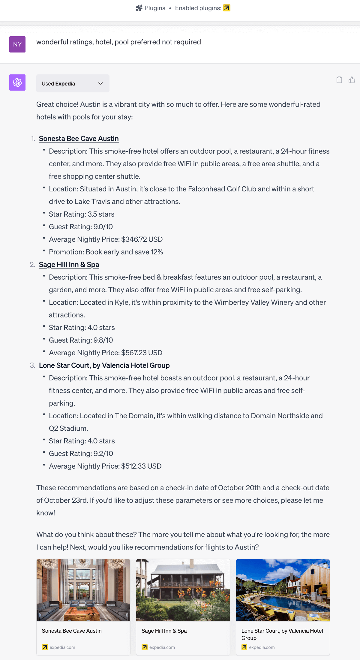 screenshot of expedia travel planning chatgpt plugin