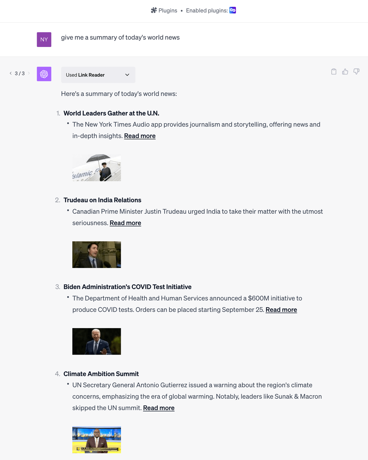 screenshot of the linkreader chatgpt plugin