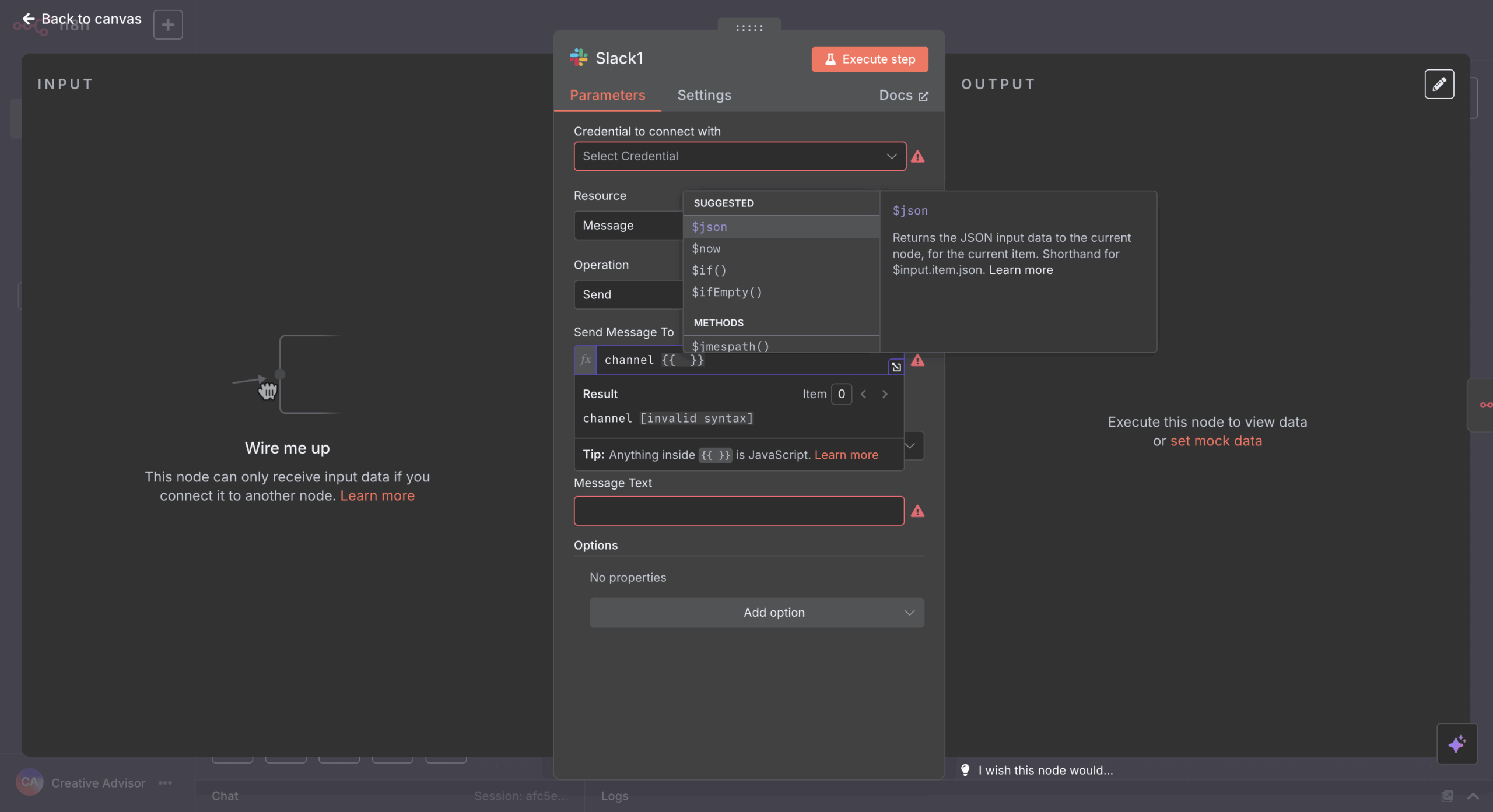 native javascript support in a slack node