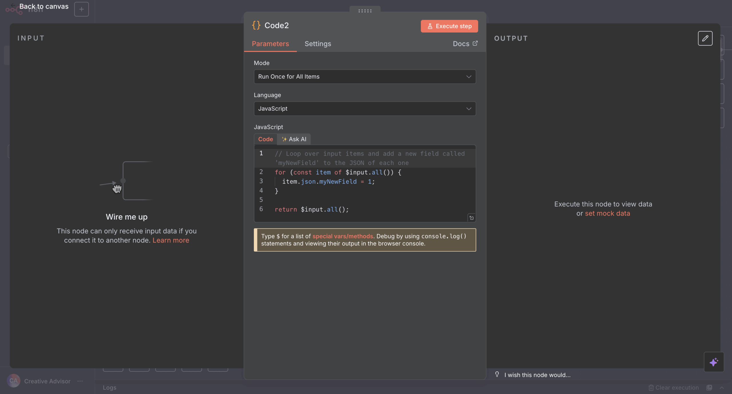 native javascript support in a Code node