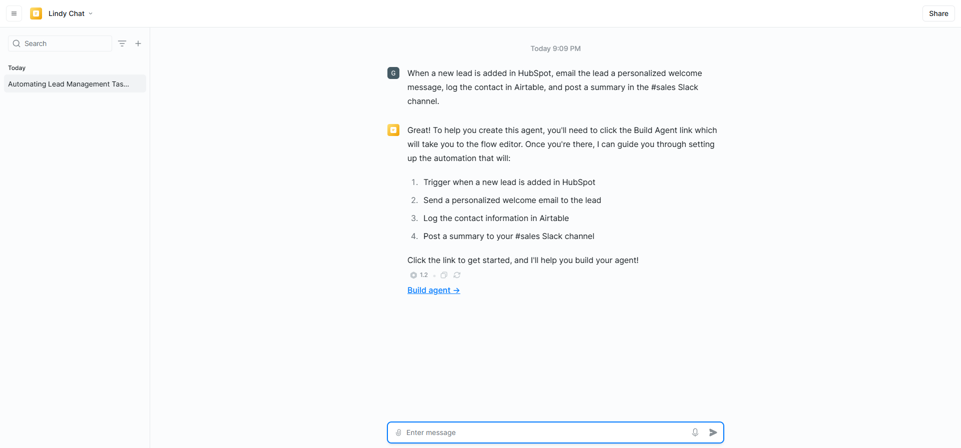 Lindy.ai agent chat building
